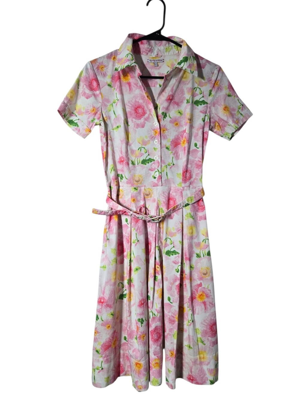 Frances Valentine Isabella Belted Floral Shirt Dress Pink Poppy Pockets